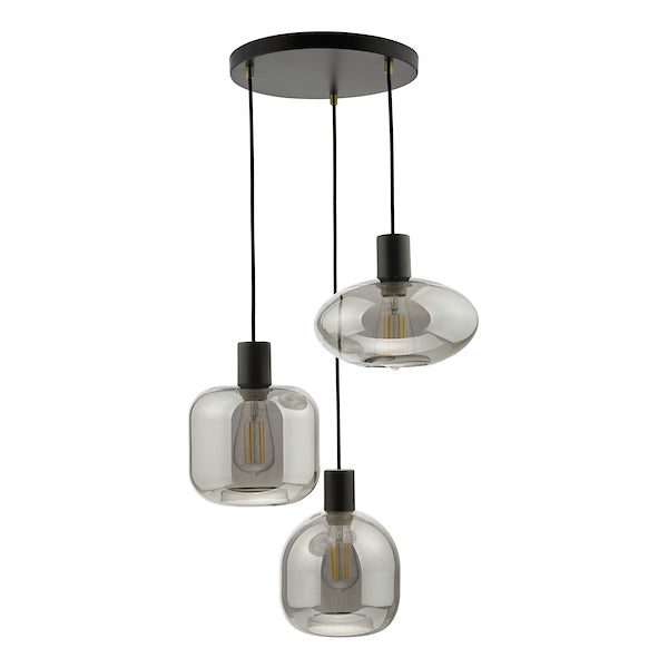 Dar Aiden 3lt Cluster Pendant Black with Smoked Glass Online Sale