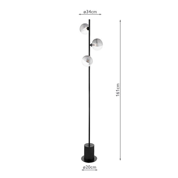 Dar Spiral 3 Light Floor Lamp Matt Black & Smoked Clear Ribbed Glass Online Sale