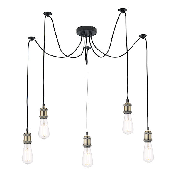 Dar Waco 5 Light Spider Pendant Black & Antique Brass For Sale