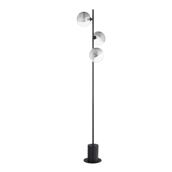 Dar Spiral 3 Light Floor Lamp Matt Black & Smoked Clear Ribbed Glass Online Sale