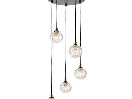 Dar Federico 5 Light Cluster Pendant Black Clear Ribbed Glass Online now