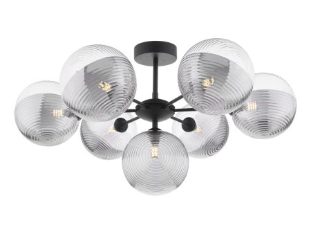 Dar Cohen 7 Light Semi-Flush Matt Black & Smoked Clear Ribbed Glass Hot on Sale